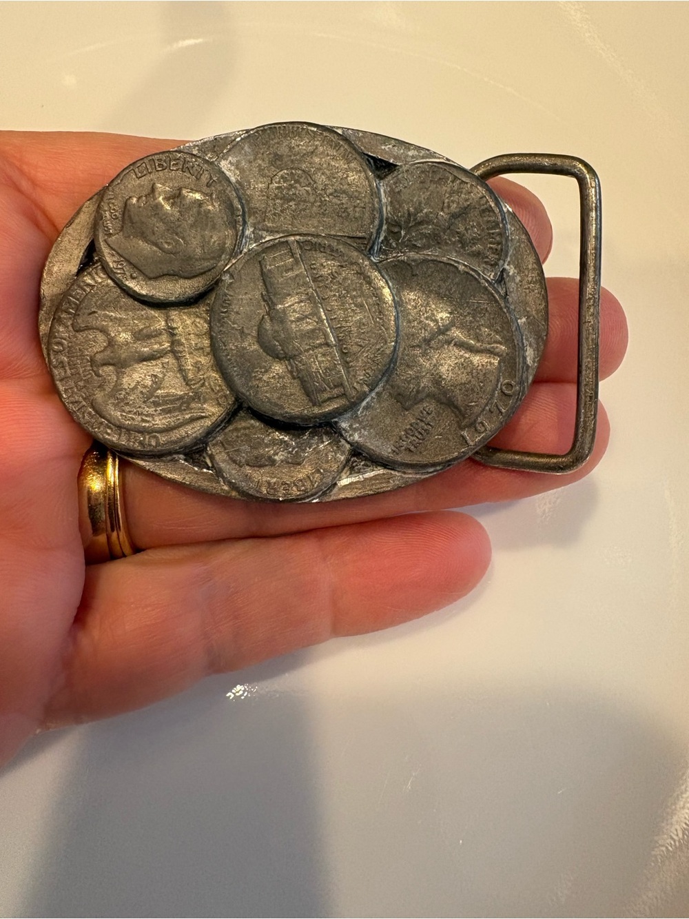 Vintage C+J Coin Cluster Belt Buckle, CJ1801, Nickels, Quarters, and Dimes